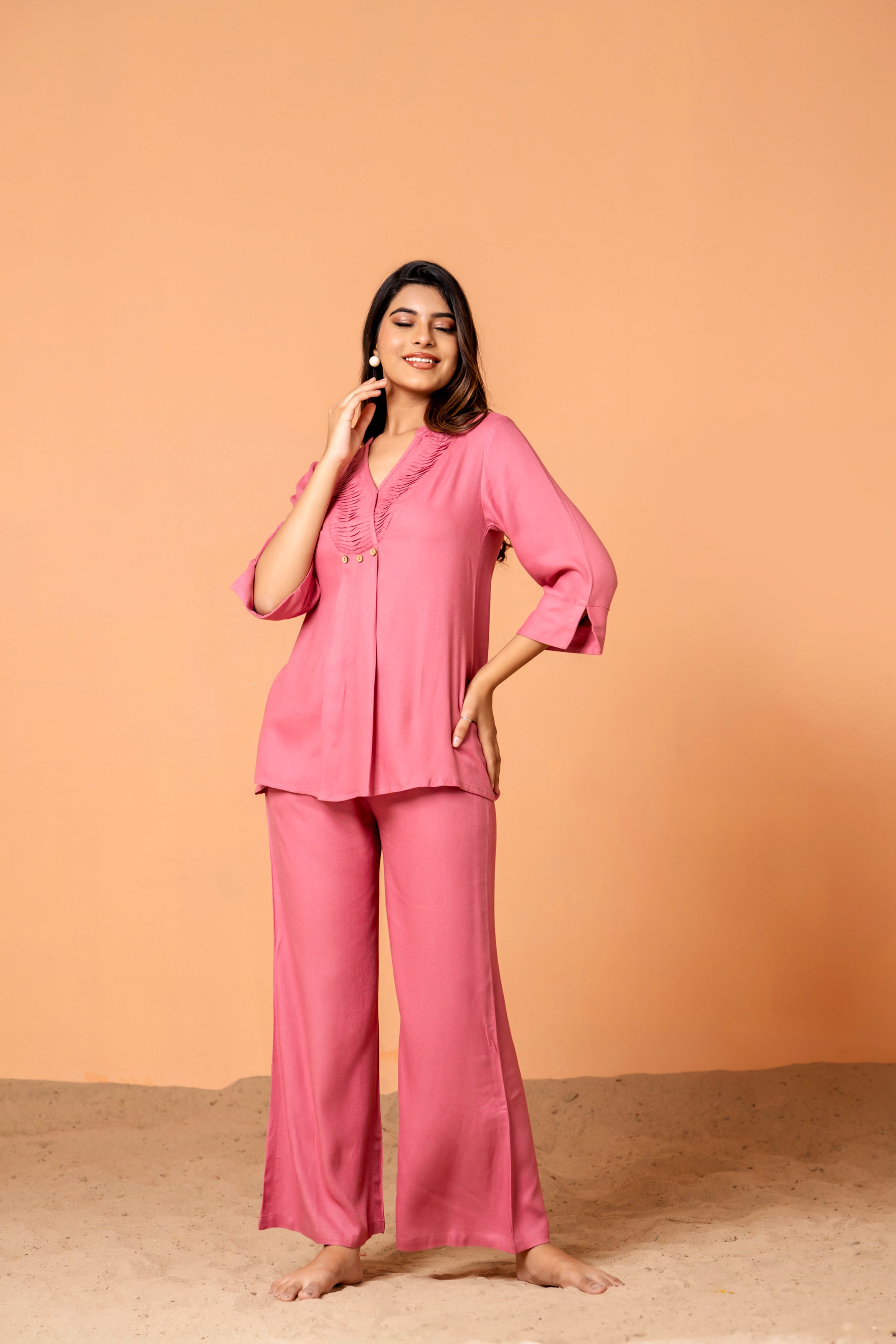 Pink Color Pleated Front  Rayon Co-Ord Set