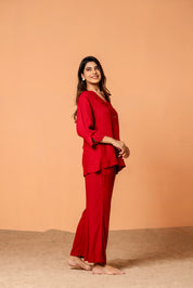 Red Color Pleated Front  Rayon Co-Ord Set