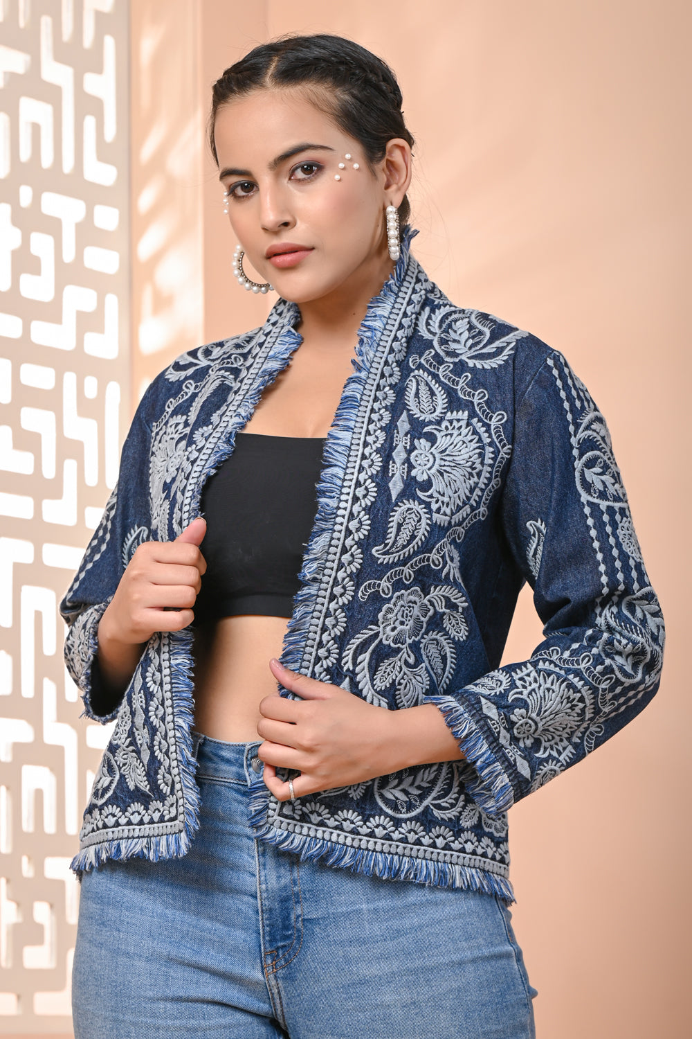 Roop Denim Embroidered Cotton Jacket - Kaftanize