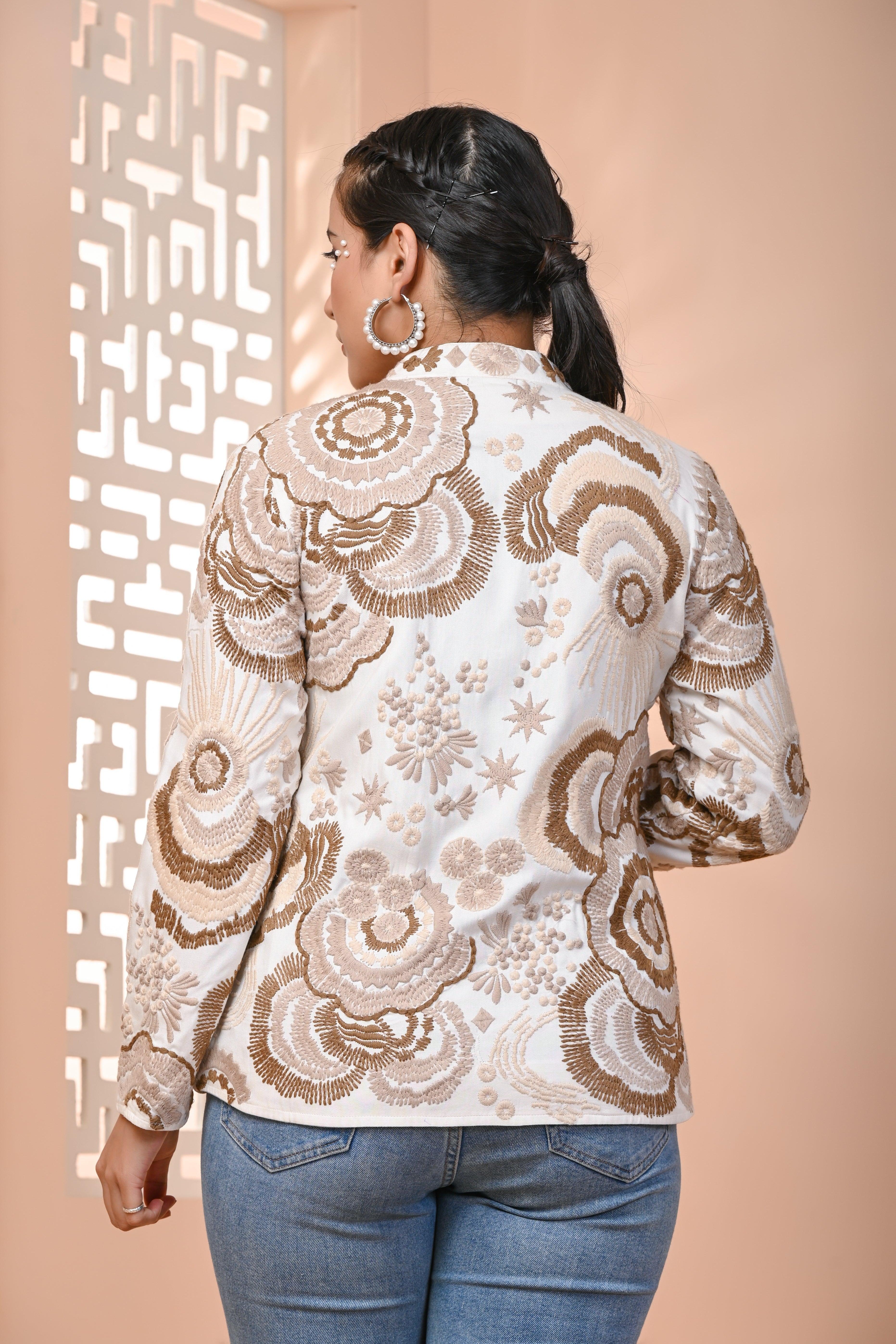 White & Brown Embroidered Cotton Jacket - Kaftanize
