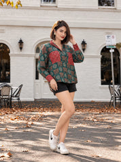 Dark Green Base & Red Patch Print Oversized Cotton Shirt