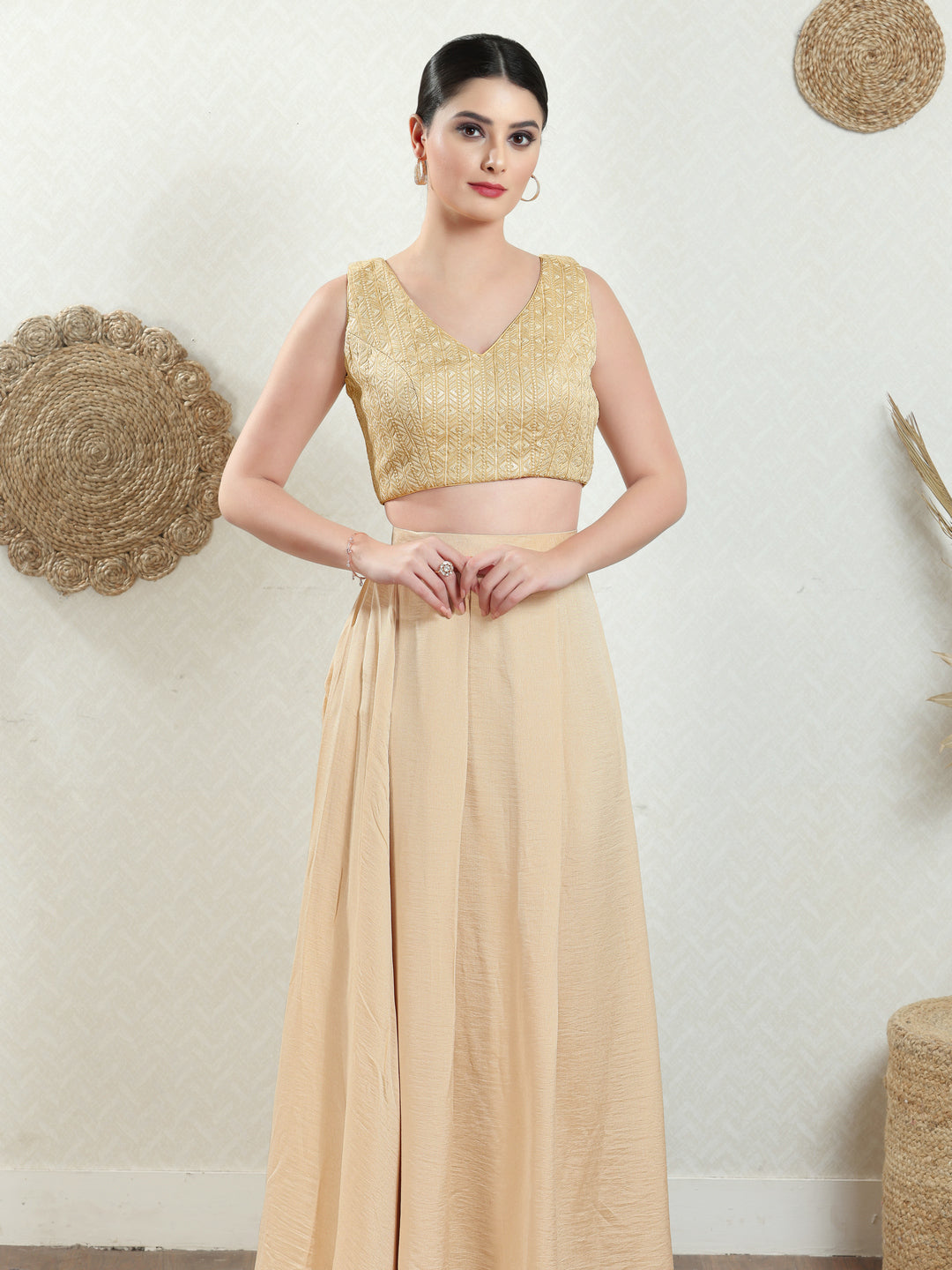 Threadwork Sequence Embroidered V Neck Sleeveless Blouse