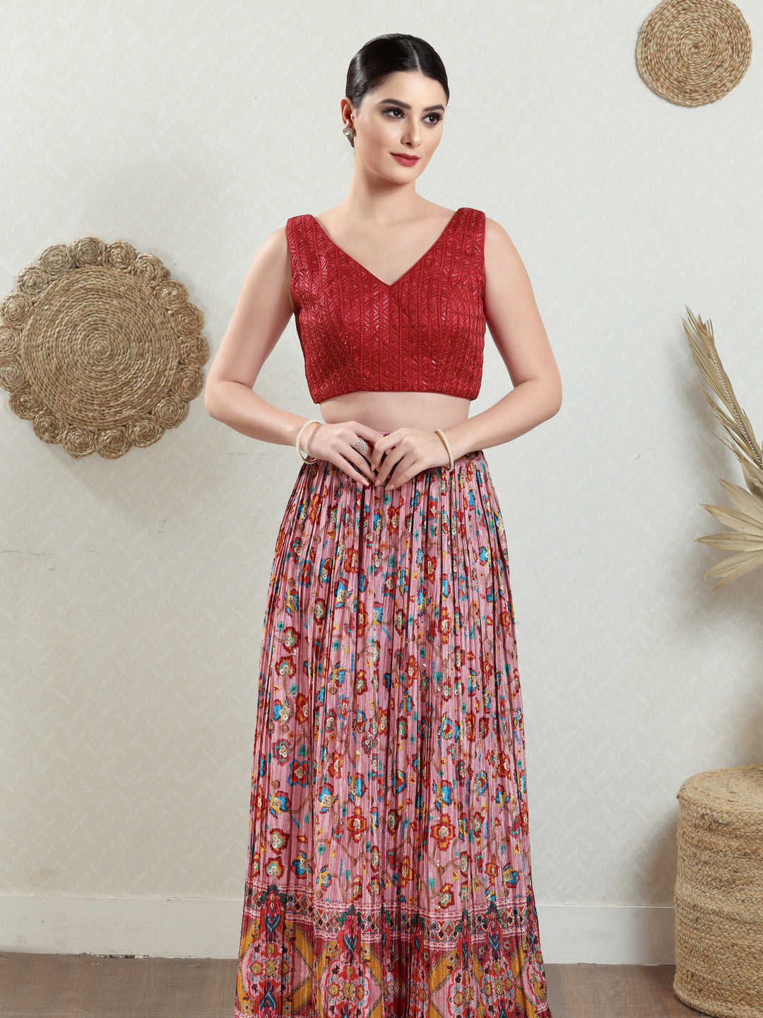 Threadwork Sequence Embroidered V Neck Sleeveless Blouse