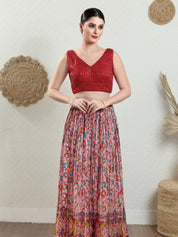 Threadwork Sequence Embroidered V Neck Sleeveless Blouse