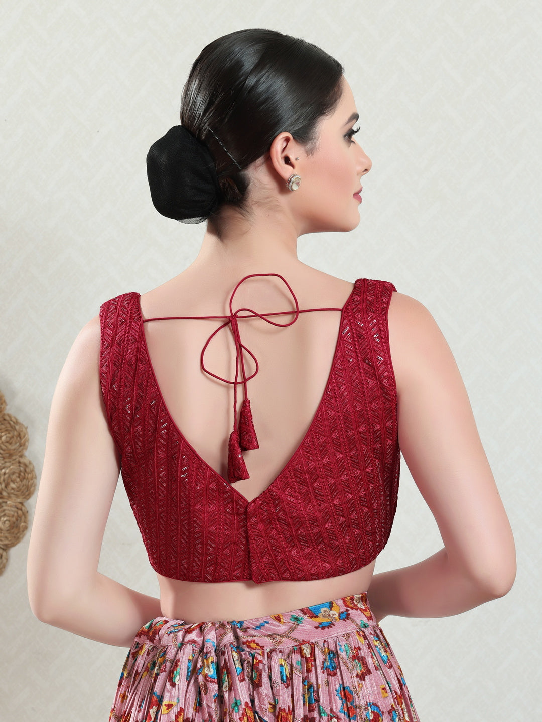 Threadwork Sequence Embroidered V Neck Sleeveless Blouse