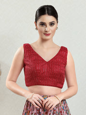 Threadwork Sequence Embroidered V Neck Sleeveless Blouse