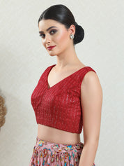Threadwork Sequence Embroidered V Neck Sleeveless Blouse