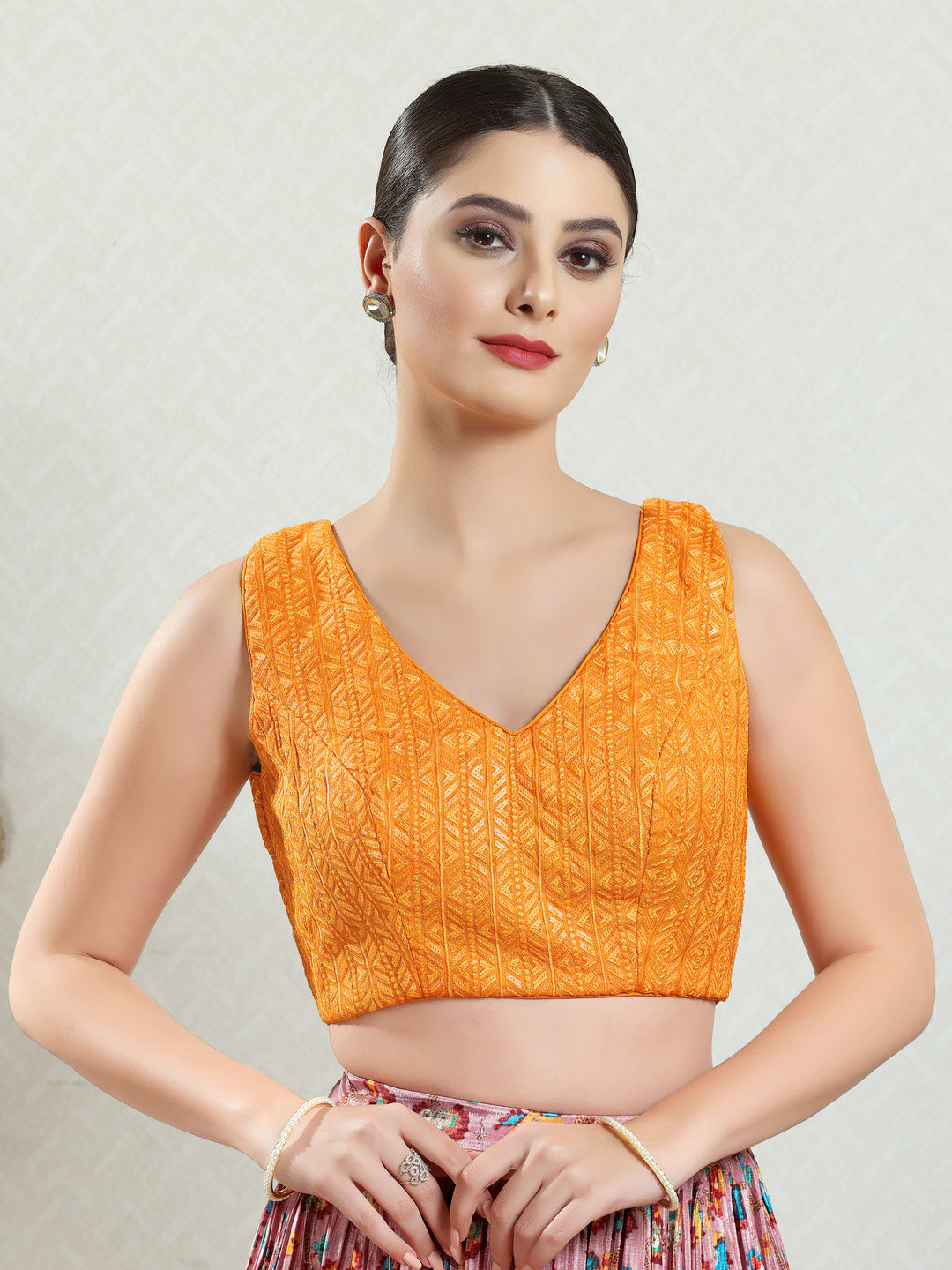 Threadwork Sequence Embroidered V Neck Sleeveless Blouse