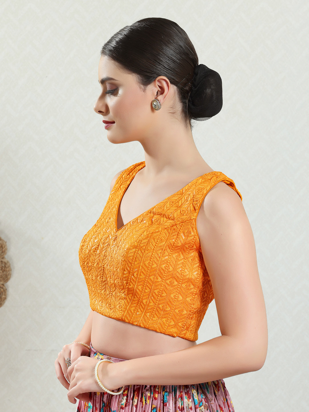 Threadwork Sequence Embroidered V Neck Sleeveless Blouse