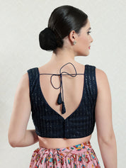 Threadwork Sequence Embroidered V Neck Sleeveless Blouse