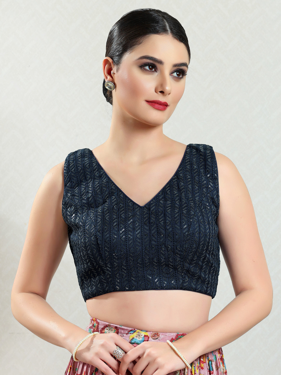 Threadwork Sequence Embroidered V Neck Sleeveless Blouse