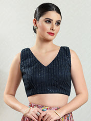 Threadwork Sequence Embroidered V Neck Sleeveless Blouse