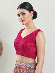Threadwork Sequence Embroidered V Neck Sleeveless Blouse