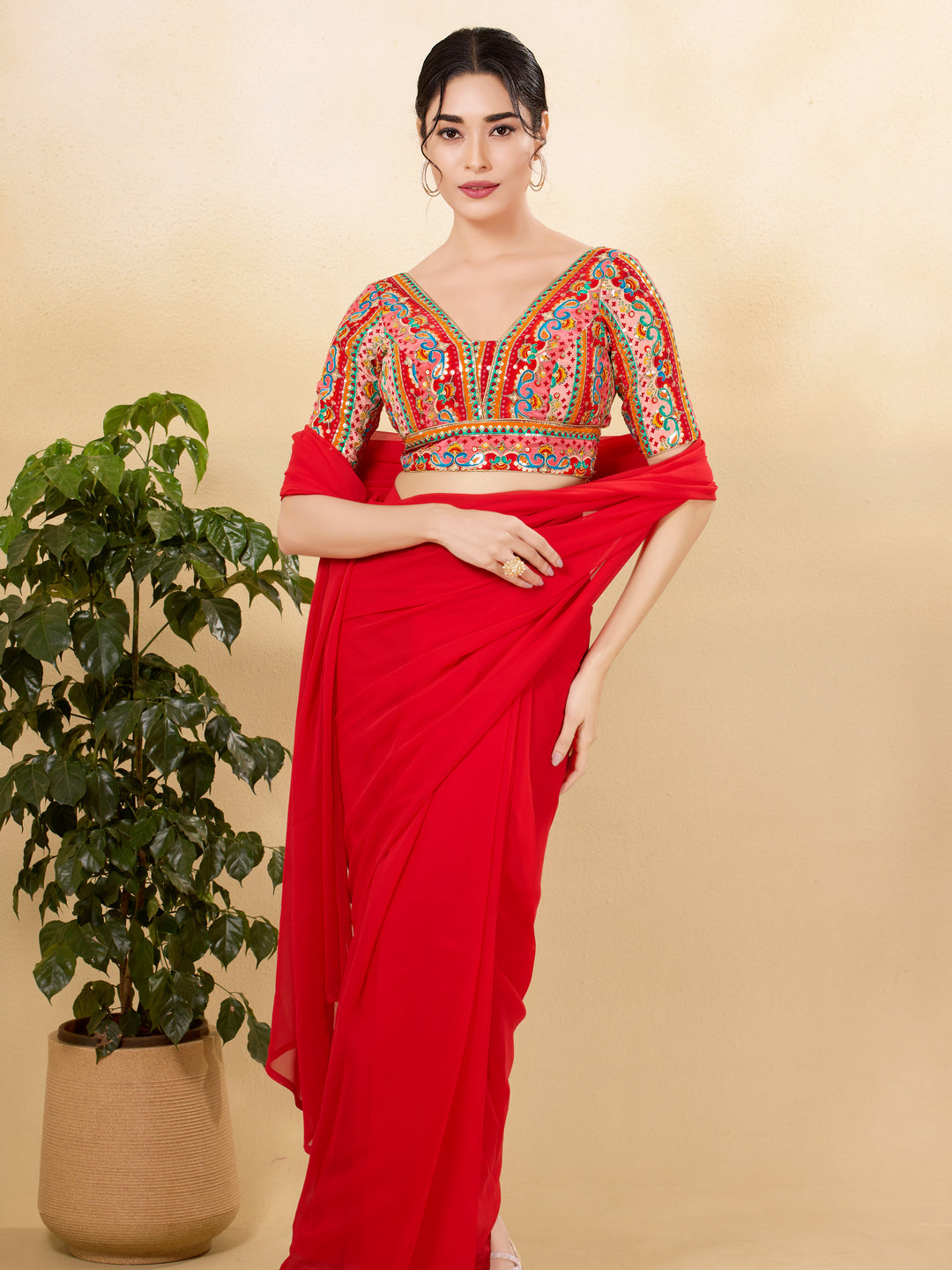 Position Printed Multi Colored Sequence Embroidery Designer Cut Blouse