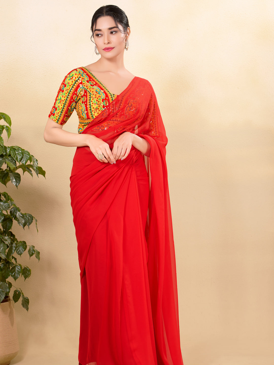 Position Printed Multi Colored Sequence Embroidery Designer Cut Blouse