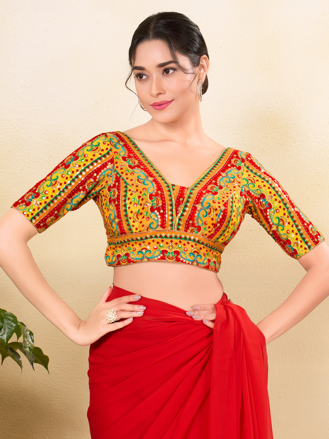 Position Printed Multi Colored Sequence Embroidery Designer Cut Blouse