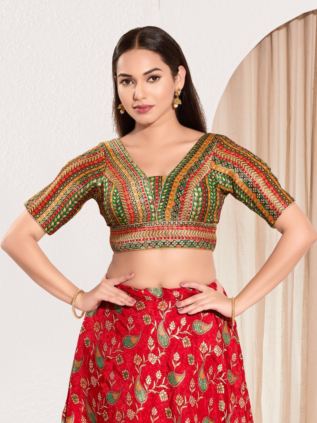 Position Print V Neck Multi Elbow Blouse
