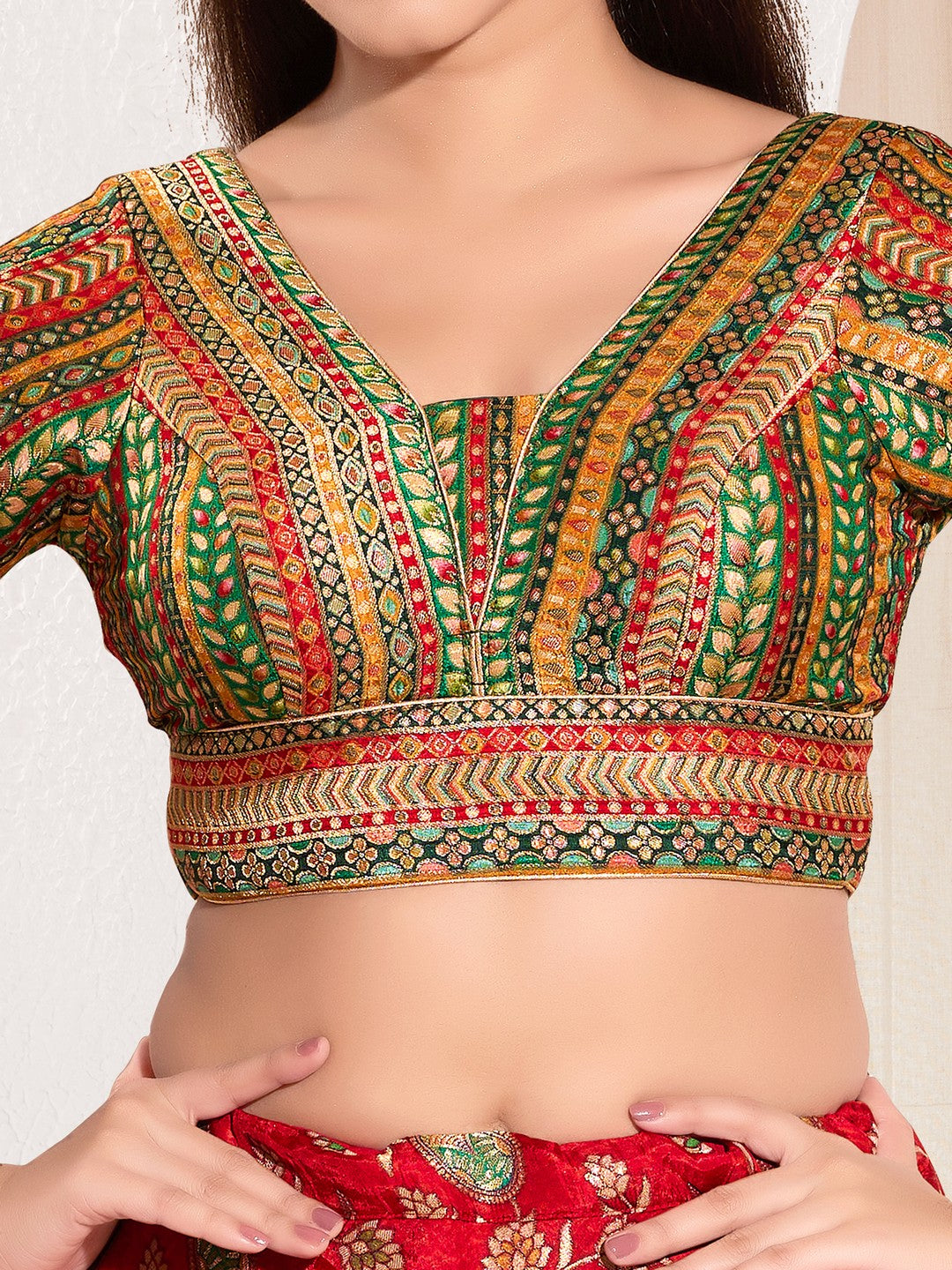 Position Print V Neck Multi Elbow Blouse