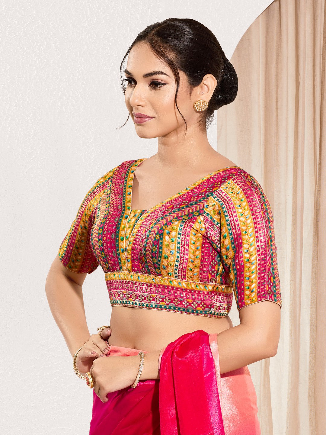 Position Print V Neck Multi Elbow Blouse