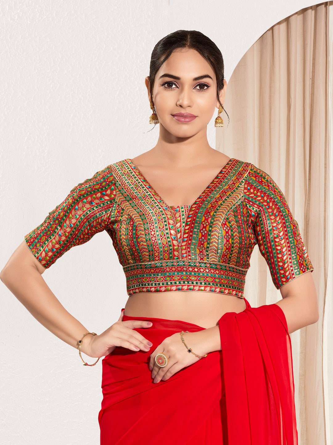 Position Print V Neck Multi Elbow Blouse