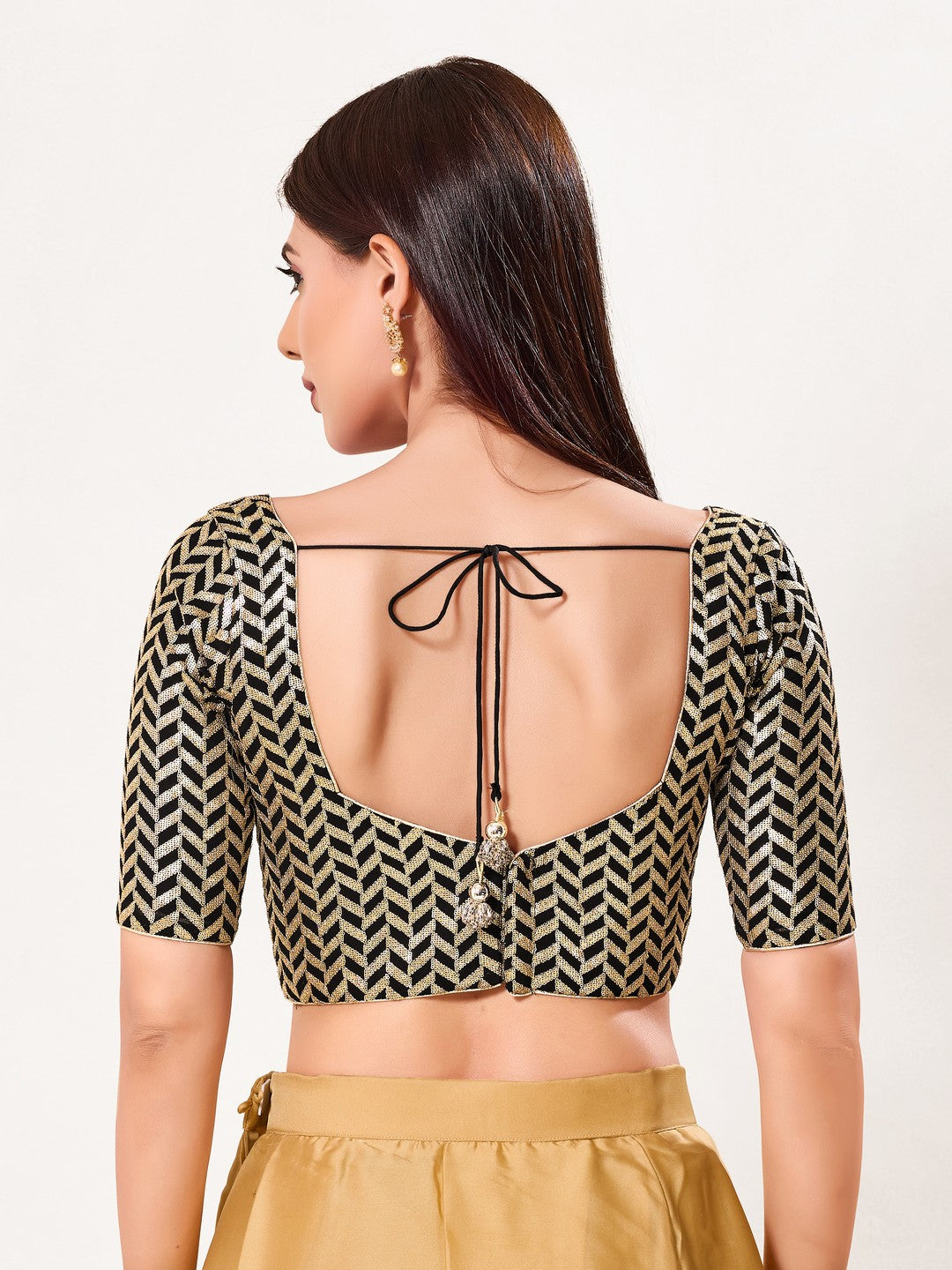 Zig Zag Sequence Embroidered Elbow Sleeves Blouse