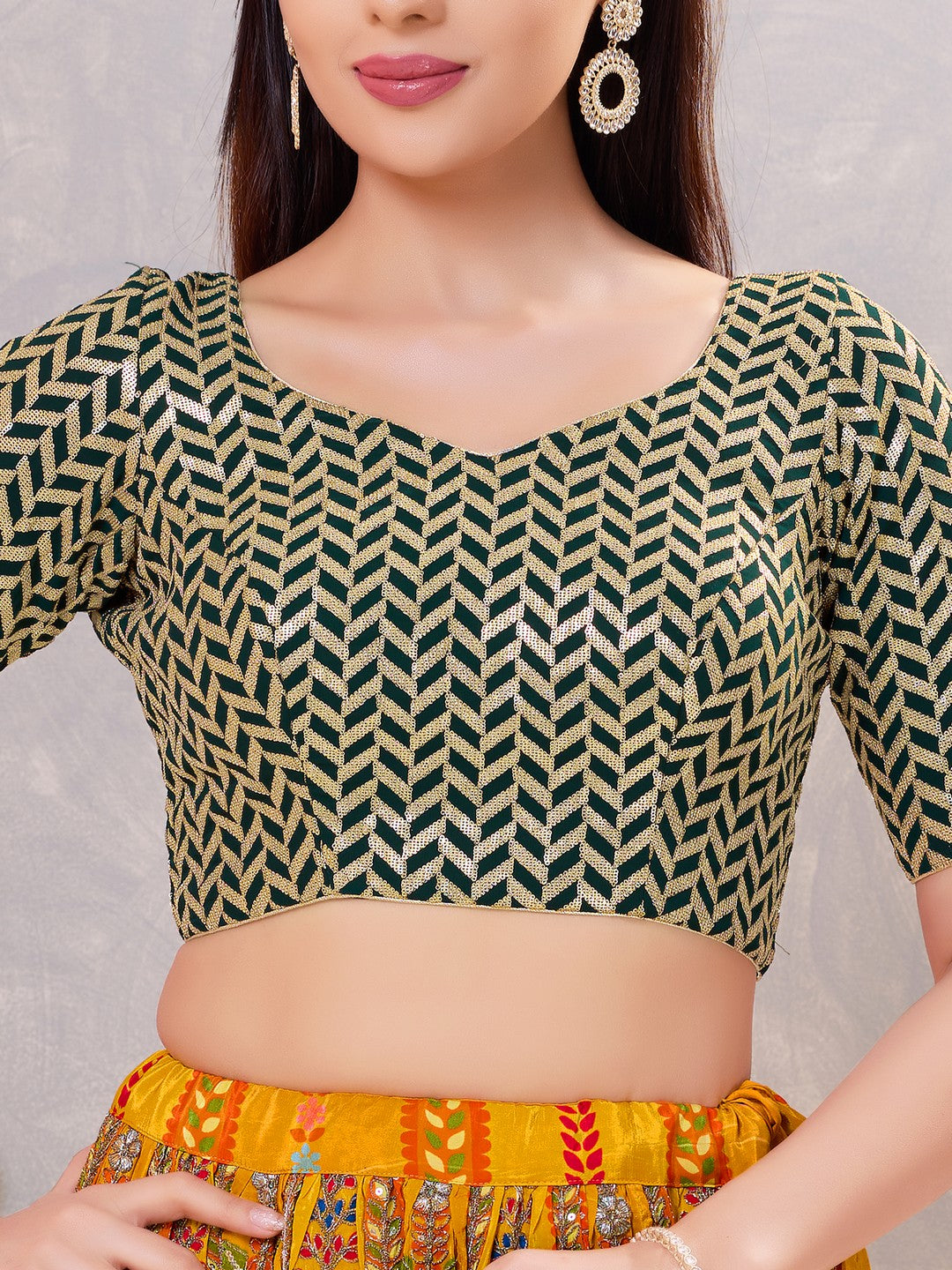 Zig Zag Sequence Embroidered Elbow Sleeves Blouse