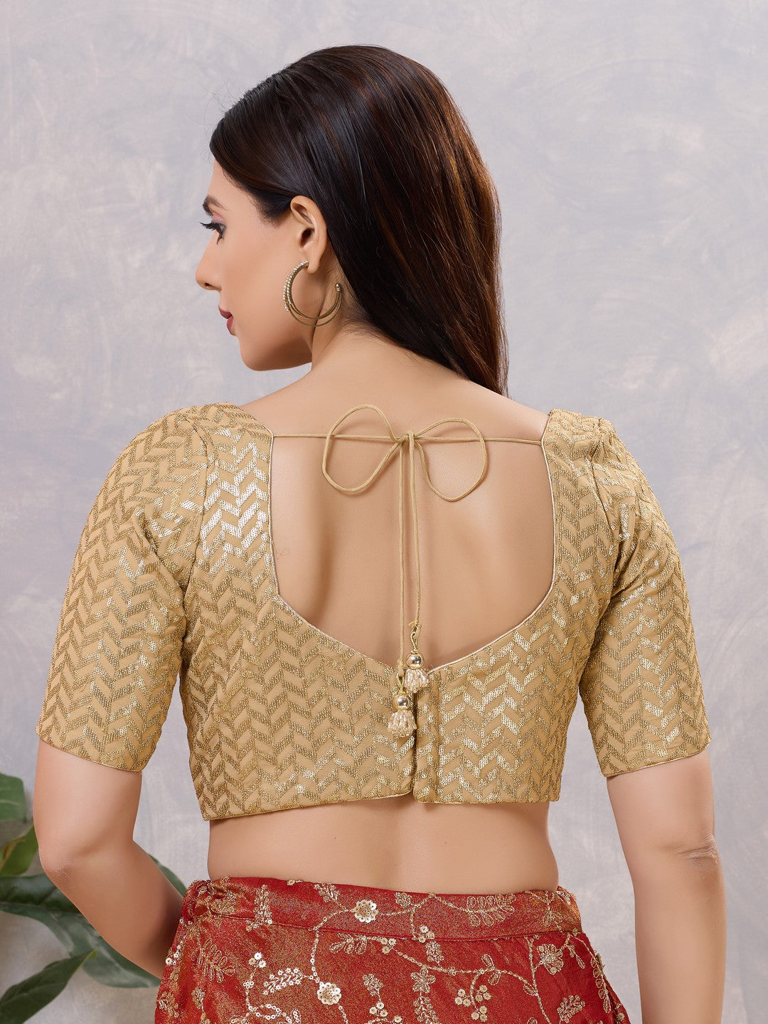 Zig Zag Sequence Embroidered Elbow Sleeves Blouse