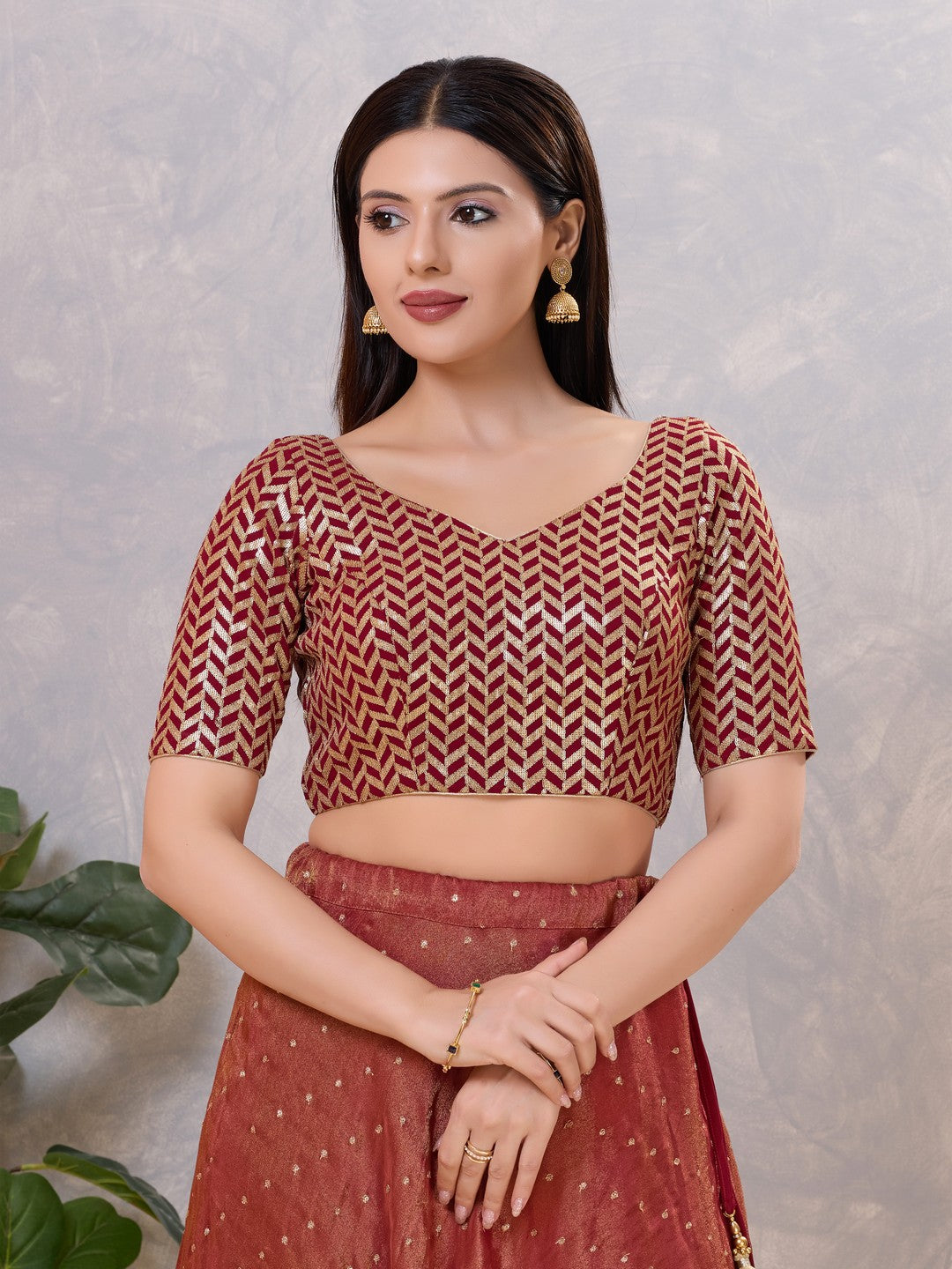 Zig Zag Sequence Embroidered Elbow Sleeves Blouse