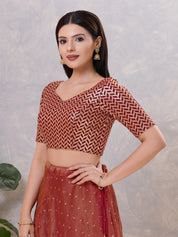 Zig Zag Sequence Embroidered Elbow Sleeves Blouse