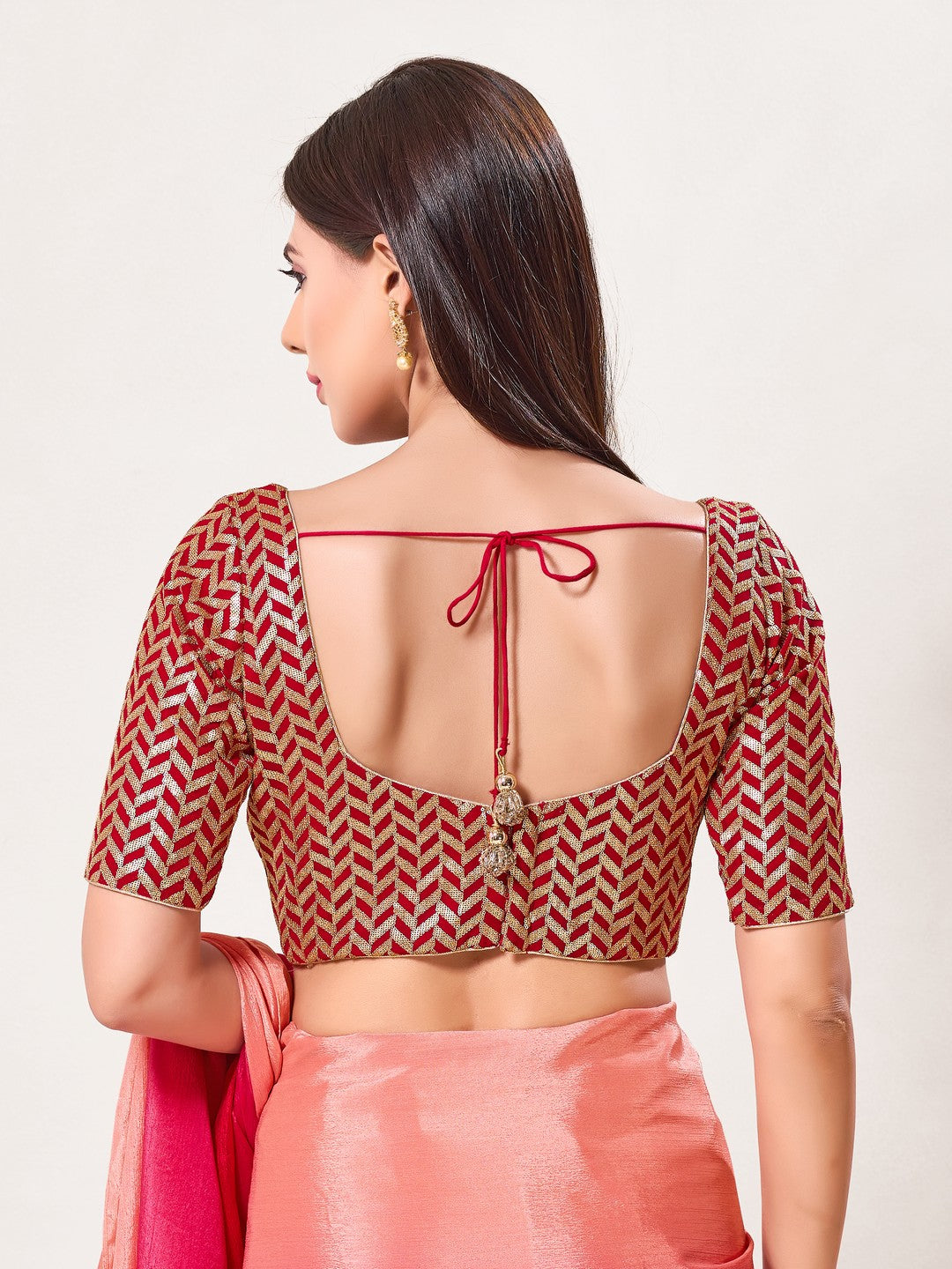 Zig Zag Sequence Embroidered Elbow Sleeves Blouse