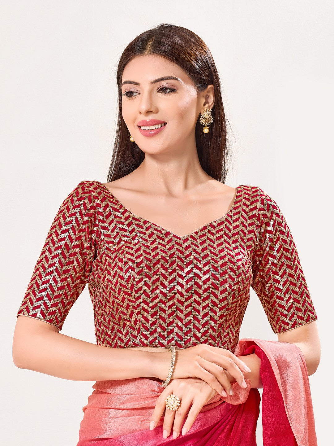 Zig Zag Sequence Embroidered Elbow Sleeves Blouse