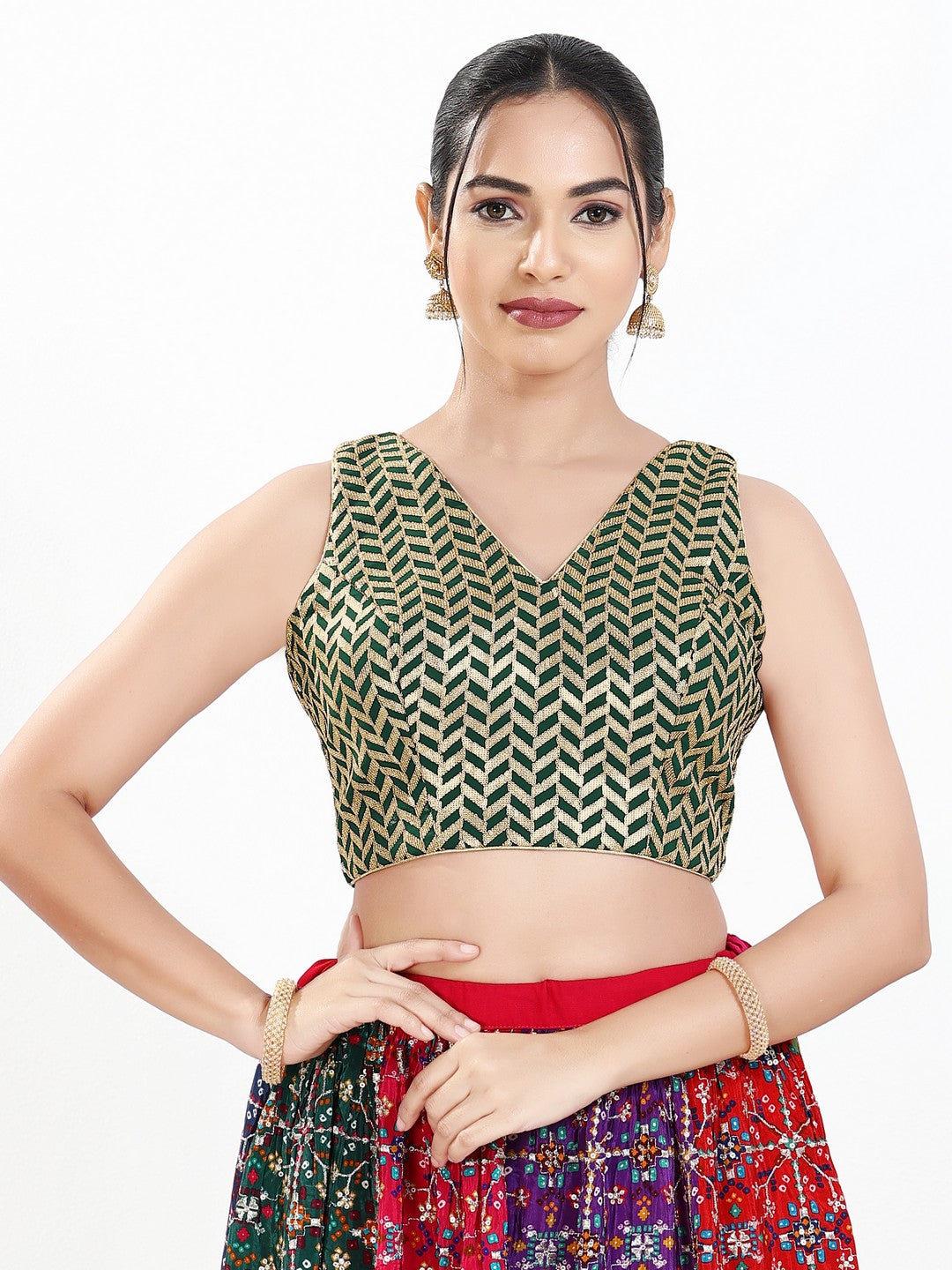 Light Gold Sequence Embroidered Paan Neck Sleveless Blouse