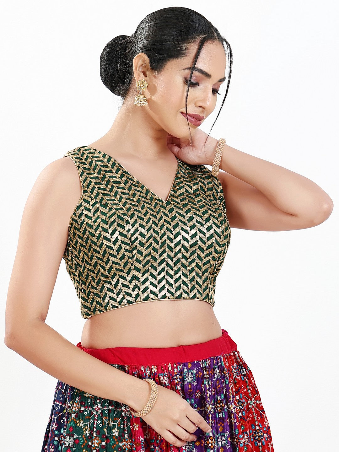 Light Gold Sequence Embroidered Paan Neck Sleveless Blouse