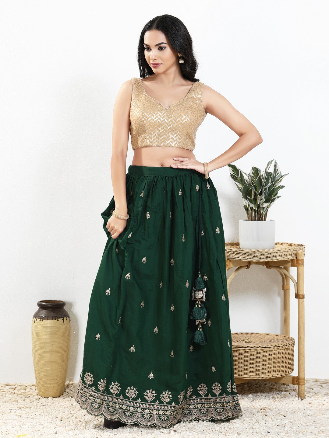 Light Gold Sequence Embroidered Paan Neck Sleveless Blouse