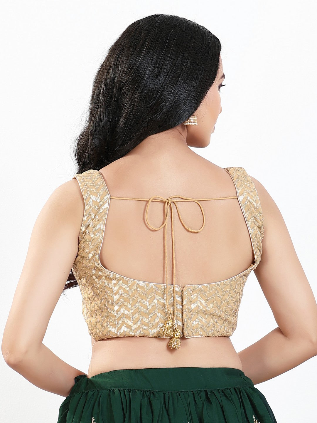 Light Gold Sequence Embroidered Paan Neck Sleveless Blouse