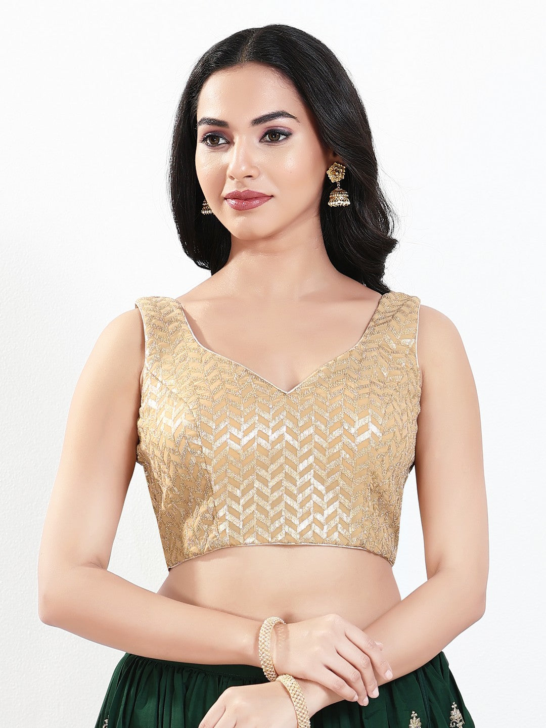 Light Gold Sequence Embroidered Paan Neck Sleveless Blouse