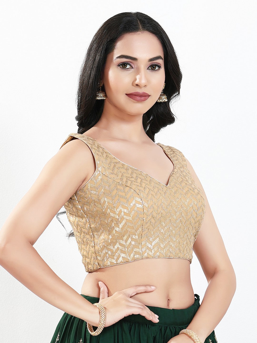 Light Gold Sequence Embroidered Paan Neck Sleveless Blouse