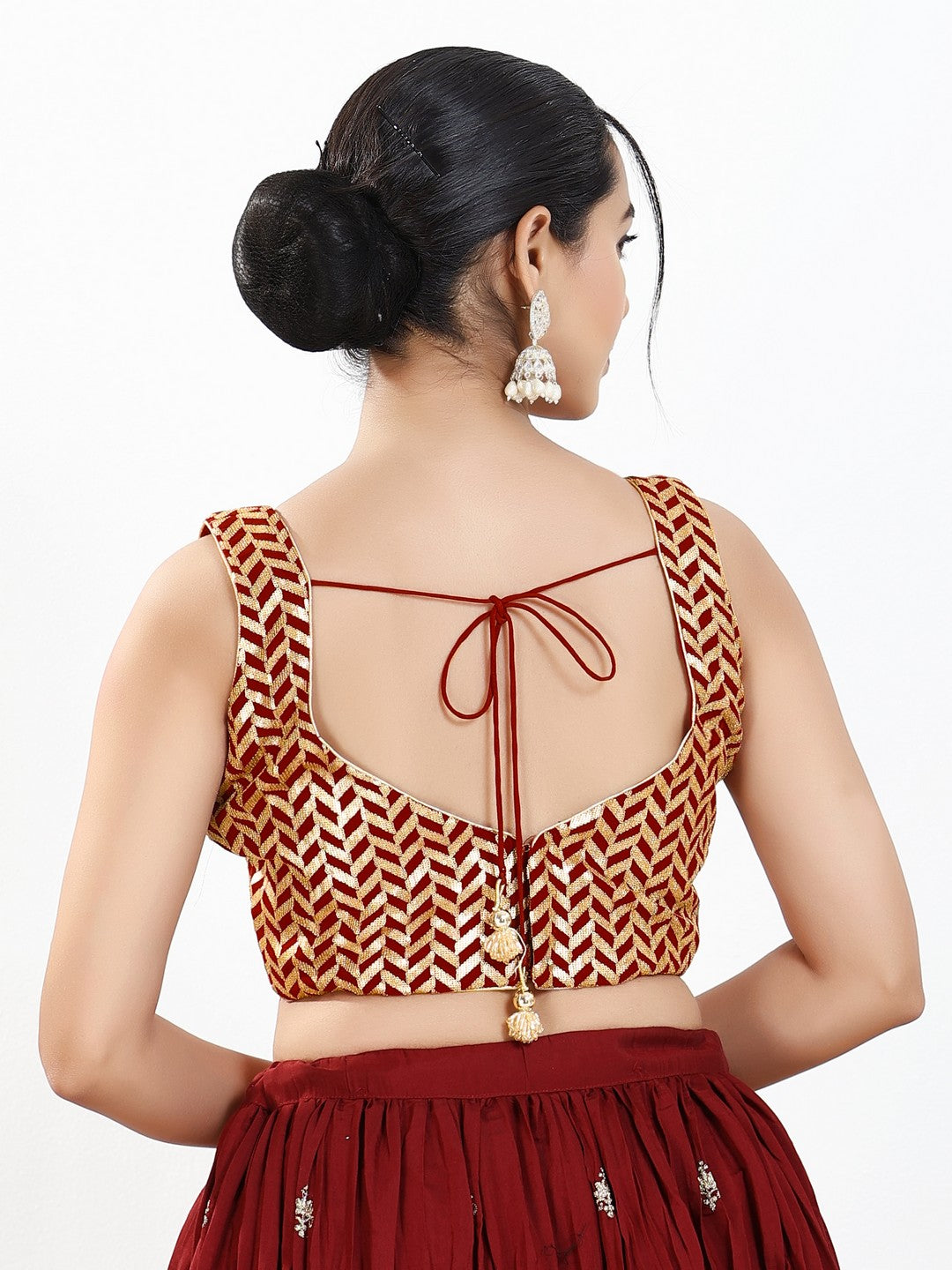 Light Gold Sequence Embroidered Paan Neck Sleveless Blouse