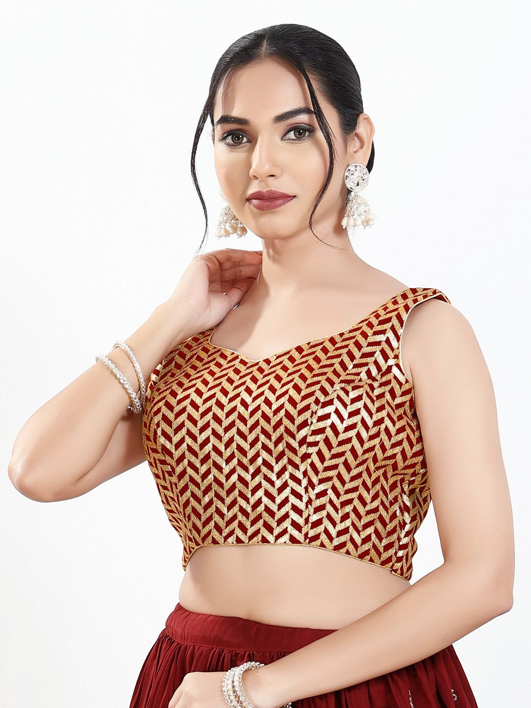 Light Gold Sequence Embroidered Paan Neck Sleveless Blouse