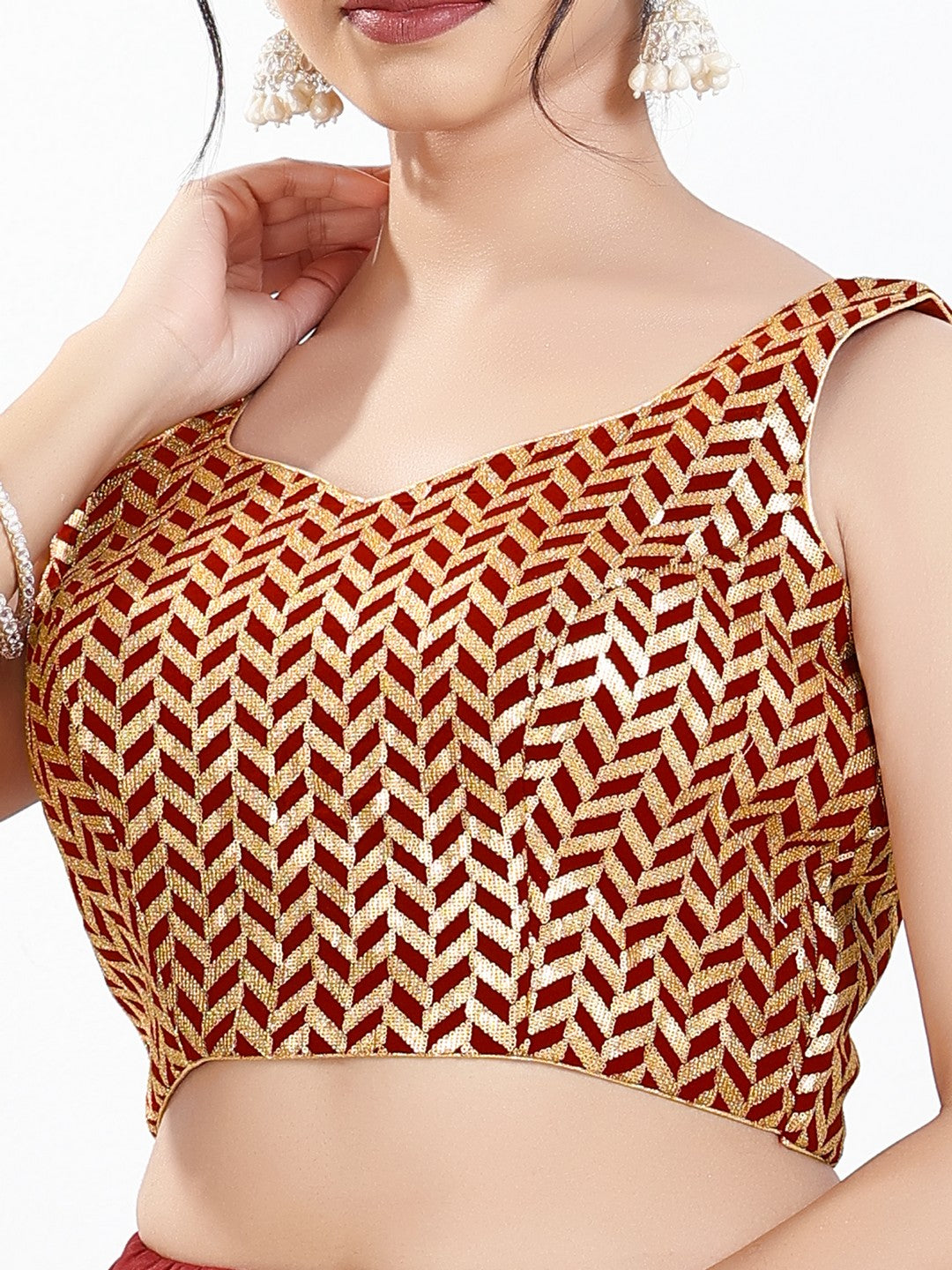 Light Gold Sequence Embroidered Paan Neck Sleveless Blouse