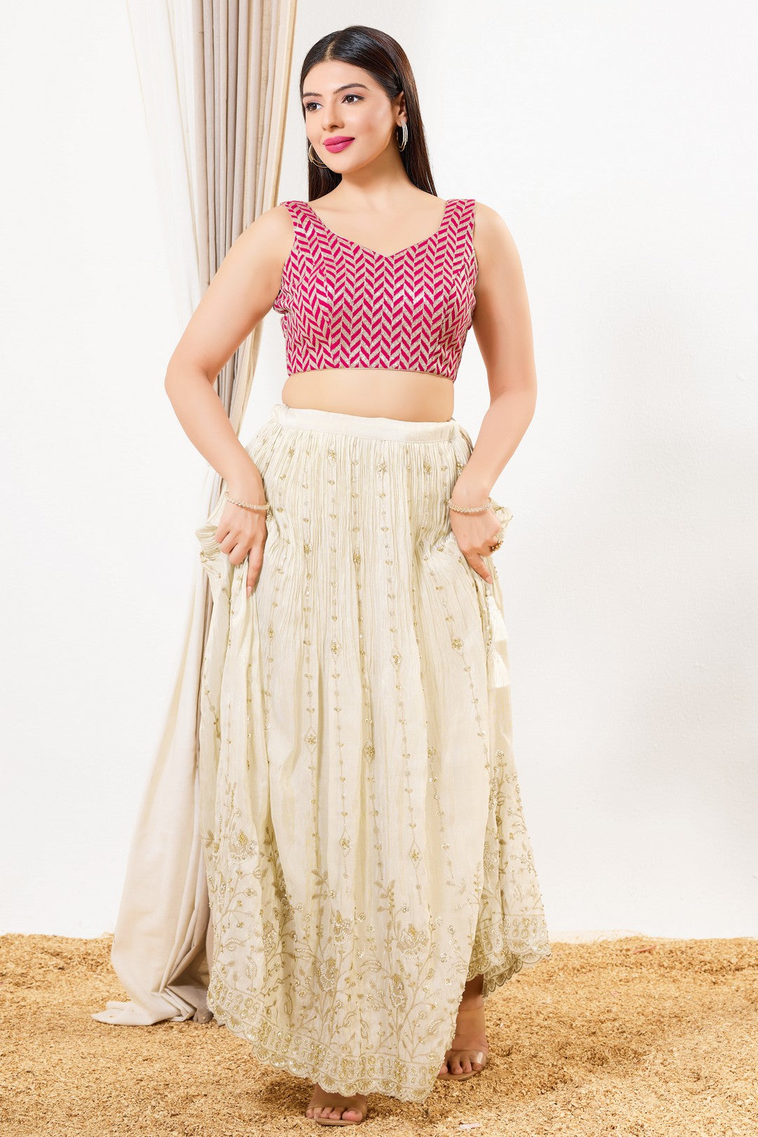 Light Gold Sequence Embroidered Paan Neck Sleveless Blouse