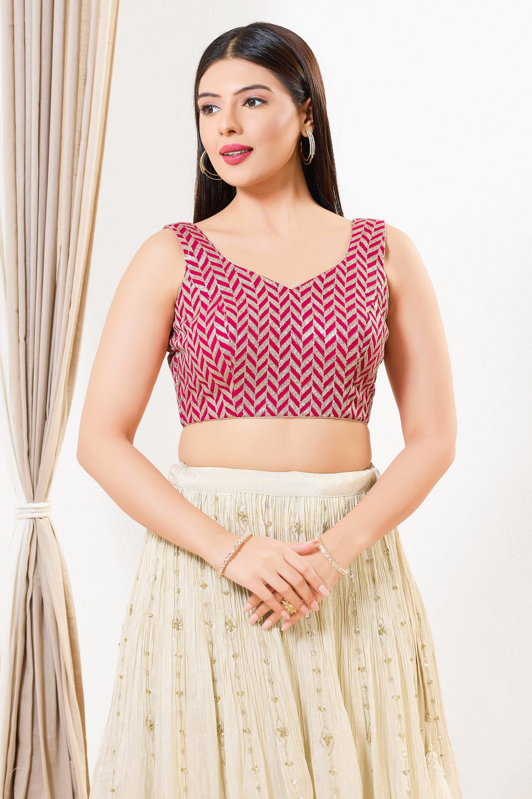 Light Gold Sequence Embroidered Paan Neck Sleveless Blouse