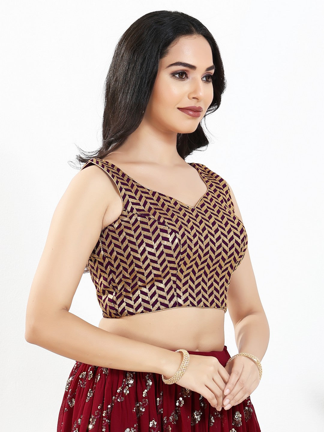 Light Gold Sequence Embroidered Paan Neck Sleveless Blouse