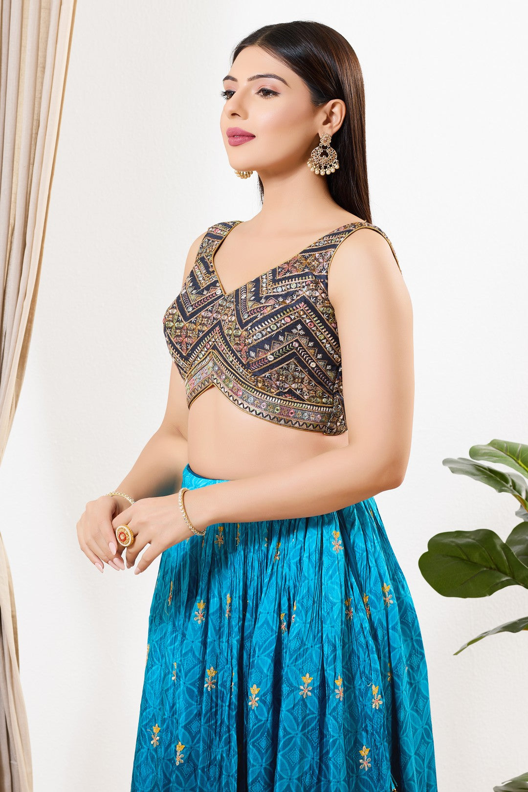Red Threadwork Mirror Yoke Blouse