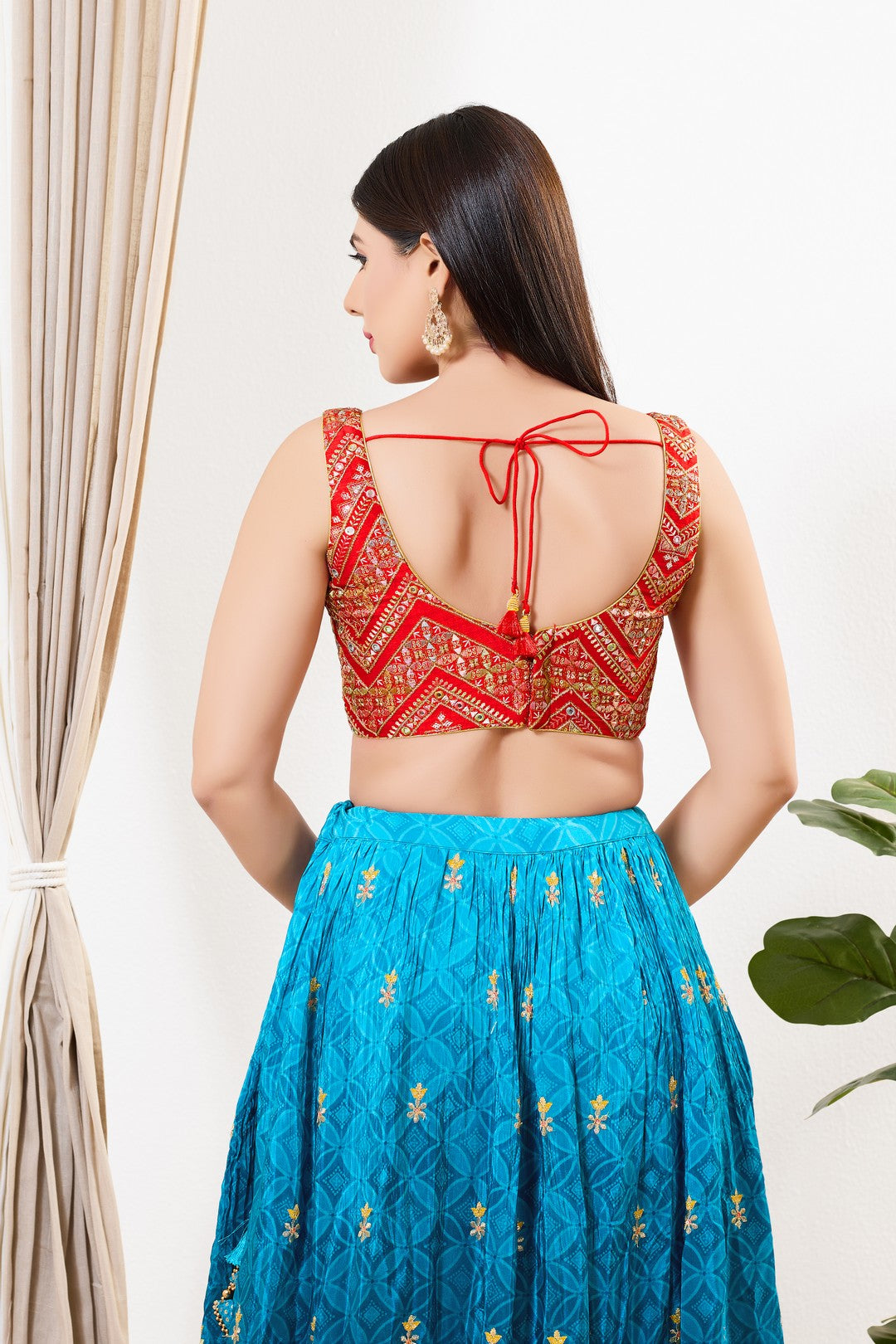 Red Threadwork Mirror Yoke Blouse