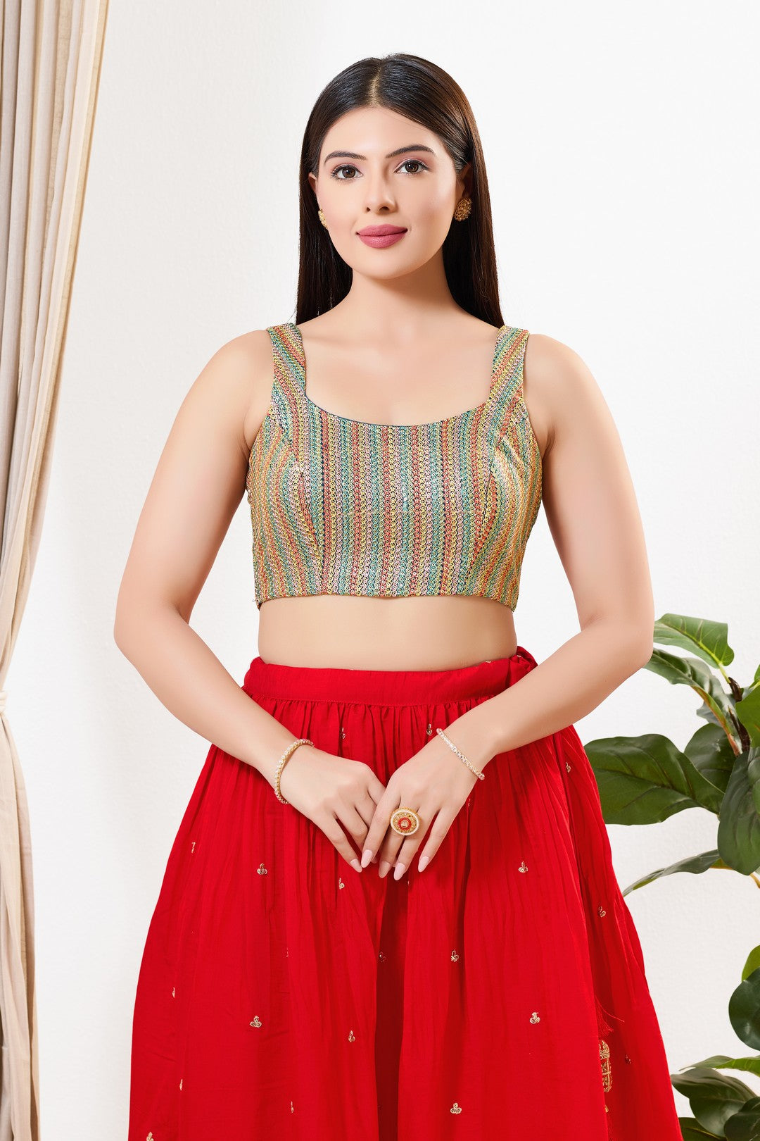 Multi Threadwork Square Neck Sleeveless Blouse