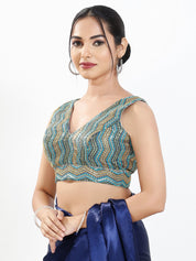 Zigzag Thread Sequence Embroidery V Neck Yoke Blouse