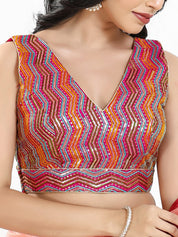 Zigzag Thread Sequence Embroidery V Neck Yoke Blouse