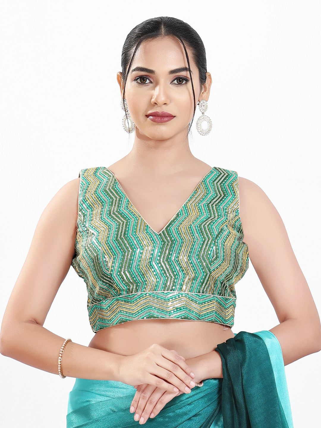 Zigzag Thread Sequence Embroidery V Neck Yoke Blouse
