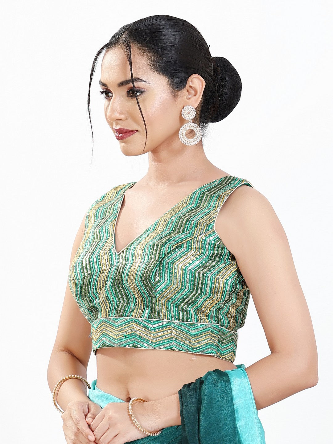 Zigzag Thread Sequence Embroidery V Neck Yoke Blouse